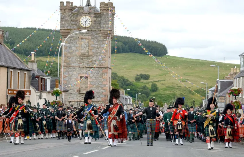 Massed pipe bands in Dufftown
