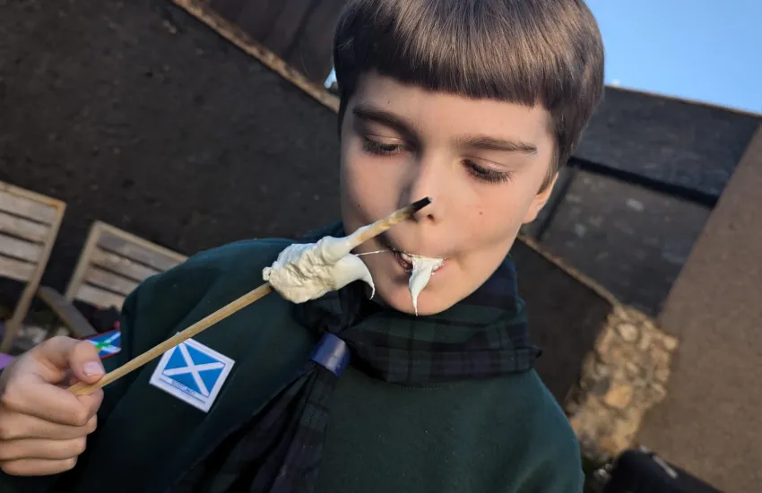 A cub eating toasted marshmallow