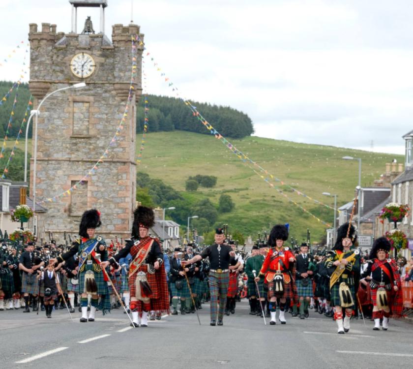 Massed pipe bands in Dufftown
